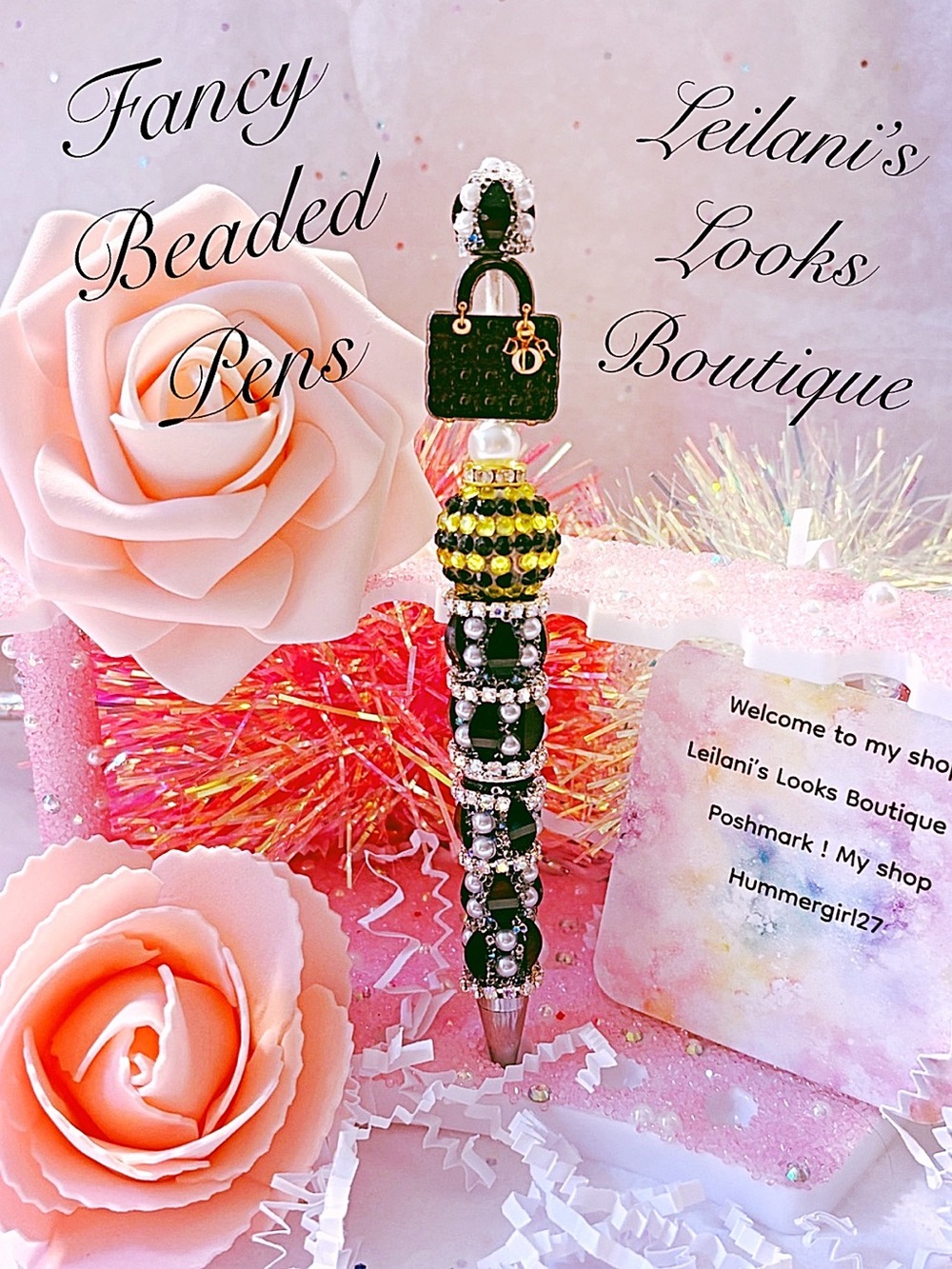 Green & yellow beaded pen with rhinestones and a black handbag charm